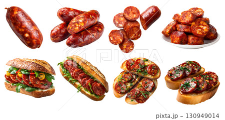 Set of Chorizo cured sausage fermented dried smoky spicy pork meat, Bruschetta, toast sandwich bun, bowl, sliced pile stack on transparent cutout PNG. Mockup 130949014