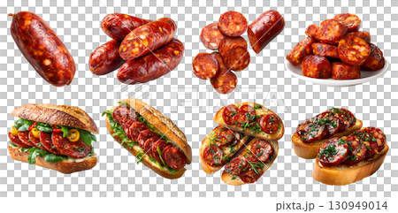 Set of Chorizo cured sausage fermented dried smoky spicy pork meat, Bruschetta, toast sandwich bun, bowl, sliced pile stack on transparent cutout PNG. Mockup 130949014
