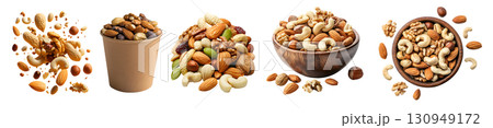 Mixed Mix of nuts, dry dried fruits, seed, pile, heap, wooden bowl, drop flying isolated on transparent cutout, PNG. Mockup template for design. almonds, walnuts, hazelnuts, pistachio, cashew, pecans 130949172