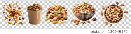Mixed Mix of nuts, dry dried fruits, seed, pile, heap, wooden bowl, drop flying isolated on transparent cutout, PNG. Mockup template for design. almonds, walnuts, hazelnuts, pistachio, cashew, pecans 130949172