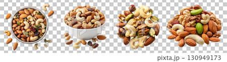 Mixed Mix of nuts, dry dried fruits, seed, pile stack bowl isolated on transparent cutout, PNG. Mockup template for design. almonds, walnuts, hazelnuts, raisin, peanut, cashew, pistachio, acorn, pecan 130949173