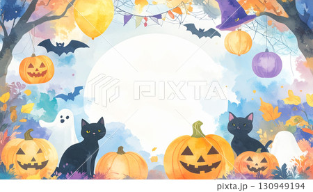 猫とカボチャのハロウィンパーティーのフレーム素材 猫とカボチャのハロウィンパーティーのフレーム素材 130949194