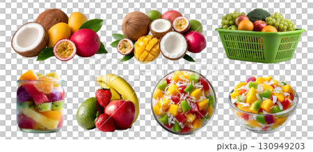 Set of fresh mix fruit vegetable snack platter, on shopping basket, sliced salad mason jar small bites isolated on transparent cutout PNG file. Mockup template for design Set of fresh mix fruit vegetable snack platter, on shopping basket, sliced salad mason jar small bites isolated on transparent cutout PNG file. Mockup template for design 130949203