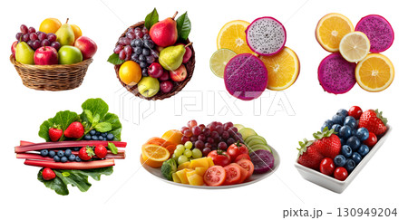 Set of fresh mix fruit vegetable veggie snack platter, basket, sliced salad halved, plate tray isolated on transparent cutout PNG file. Mockup template for design 130949204