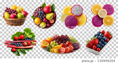 Set of fresh mix fruit vegetable veggie snack platter, basket, sliced salad halved, plate tray isolated on transparent cutout PNG file. Mockup template for design 130949204