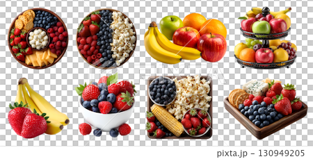 of many array fresh mix fruit vegetable snack platter, on serving board bowl, tier stand, with cracker cheese popcorn corn small bites on transparent cutout PNG file. Mockup template of many array fresh mix fruit vegetable snack platter, on serving board bowl, tier stand, with cracker cheese popcorn corn small bites on transparent cutout PNG file. Mockup template 130949205