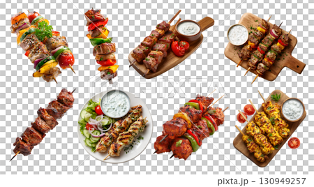 Set of Shish tikka meat vegetable grilled kebab kebob skewers, chicken lamb beef pork, serving wooden board, with sauce, plate, pile stack on transparent cutout PNG. Mockup template 130949257