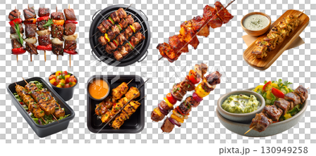 Set of Shish tikka meat vegetable grilled kebab kebob skewers, chicken lamb beef pork, BBQ grill, with sauce, takeaway plastic box, serve board, pile stack on transparent cutout PNG. Mockup template 130949258