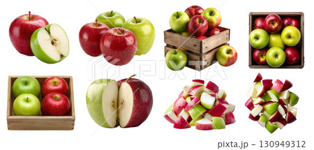 Set of mix red and green apple apples fruit, many angles and view side top sliced halved cut chop cube, wooden crate isolated on transparent cutout, PNG file. Mockup template 130949312