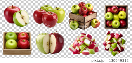 Set of mix red and green apple apples fruit, many angles and view side top sliced halved cut chop cube, wooden crate isolated on transparent cutout, PNG file. Mockup template 130949312