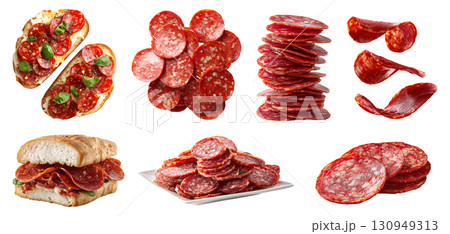 set of pepperoni spicy Salami salume cured sausage fermented dried meat, pork beef chicken, Bruschetta, toast sandwich bun, flying sliced pile stack on transparent cutout PNG. Mockup template 130949313