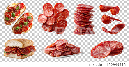 set of pepperoni spicy Salami salume cured sausage fermented dried meat, pork beef chicken, Bruschetta, toast sandwich bun, flying sliced pile stack on transparent cutout PNG. Mockup template 130949313