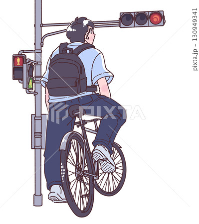 赤信号で止まる自転車に乗った人物のイラスト 130949341