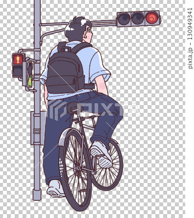 赤信号で止まる自転車に乗った人物のイラスト 130949341