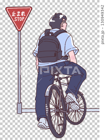 Illustration of a person on a bicycle stopping at a stop sign Illustration of a person on a bicycle stopping at a stop sign 130949342