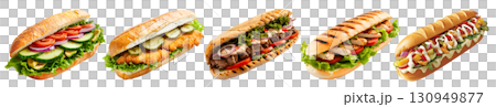 Collection set of long sub hoagie hero dagwood sandwich, bacon, meat, chicken, steak, vegan, veggie, pork, beef flavour on transparent cutout, PNG. Many different flavour. Mockup template 130949877