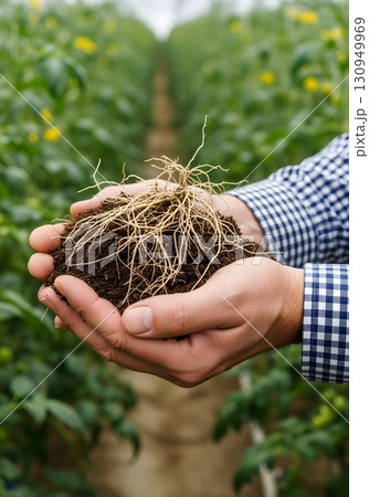 Close-up of a farmer's hands holding soil and roots in a greenhouse setting. Close-up of a farmer's hands holding soil and roots in a greenhouse setting. 130949969