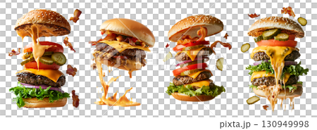 Collection of deconstructed burger set, cheeseburger, hamburger, sesame bun, lettuce, tomato, melted cheese, and juicy patties on transparent cutout PNG. Many different flavour. Mockup template 130949998