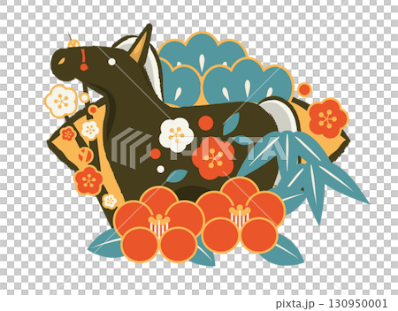 午年年賀状アイコン01、レトロカラー、黒馬、扇と椿と松竹梅、かわいい、イラスト 130950001