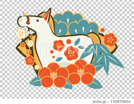 午年年賀状アイコン01、レトロカラー、白馬、扇と椿と松竹梅、かわいい、イラスト 130950002