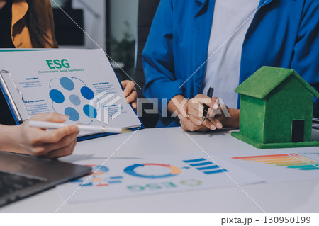 Businessman talks ESG environmental social governance policy for modish business. 130950199