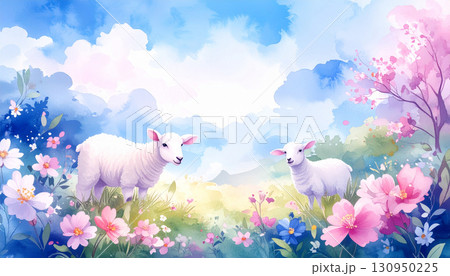 水彩画調の羊,羊のイラスト,Generative AI,AI画像 130950225