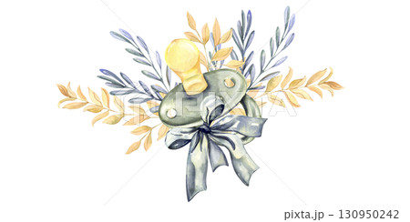 Watercolor pacifier with bow and leaves, cute nursery clipart for baby designs 130950242