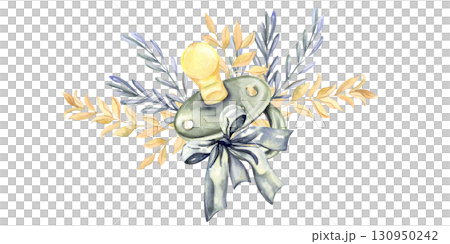 Watercolor pacifier with bow and leaves, cute nursery clipart for baby designs 130950242