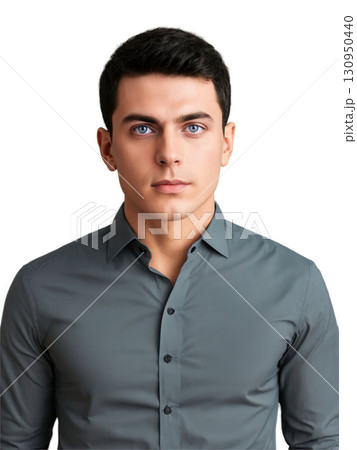 Young man with short black hair and sharp grey eyes, an intense and passionate look. He is dressed in a 130950440