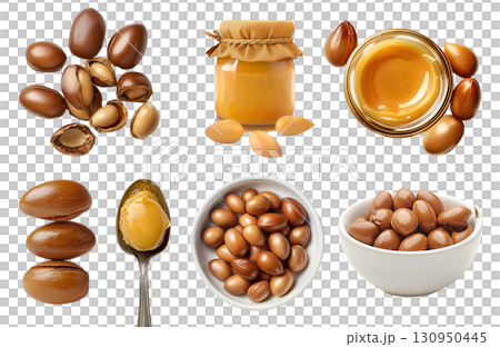 Argan nut seed plant kernel, many angles and view side pile stack, bowl spoon jar Butter spread, with husk shell, unshelled, isolated on transparent cutout PNG. Mockup 130950445