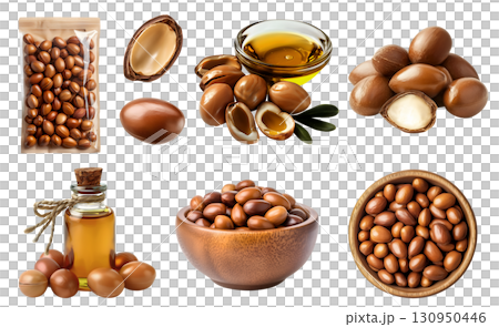 Argan nut seed plant kernel, many angles and view side pile stack, bowl, packet foil pack, essential oil, with husk shell, unshelled, isolated on transparent cutout PNG. Mockup 130950446