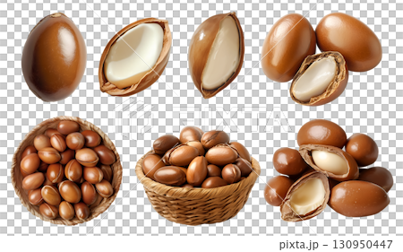 Argan nut seed plant kernel, many angles and view side top pile stack, basket, with husk shell, unshelled, isolated on transparent cutout PNG. Mockup template 130950447