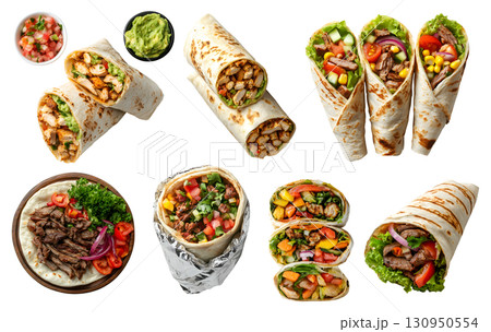 Collection of burrito shawarma gyros wrap, with different ingredients fish kebab beef cheese lamb chicken tomato chili vegetable lettuce on transparent cutout PNG. Mockup template 130950554
