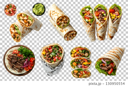 Collection of burrito shawarma gyros wrap, with different ingredients fish kebab beef cheese lamb chicken tomato chili vegetable lettuce on transparent cutout PNG. Mockup template 130950554