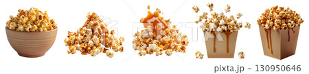 Melted dripping golden yellow caramel sugar syrup of Popcorn corn kernel grains, pile, brown takeaway paper bucket, bowl, flying scattered on transparent cutout PNG. Mockup template 130950646