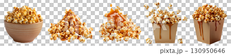 Melted dripping golden yellow caramel sugar syrup of Popcorn corn kernel grains, pile, brown takeaway paper bucket, bowl, flying scattered on transparent cutout PNG. Mockup template 130950646