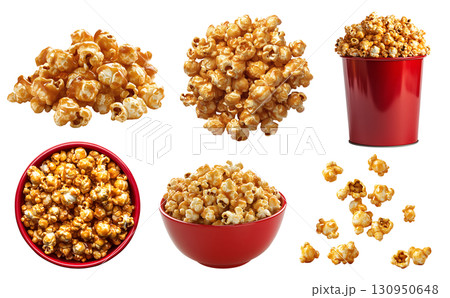 Melted dripping golden yellow caramel sugar syrup of Popcorn corn kernel grains, pile, red bowl bucket, dropping levitate flying scattered on transparent cutout PNG. Mockup template 130950648