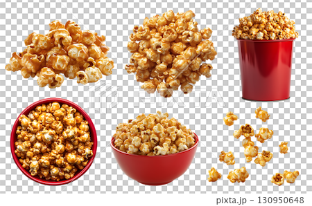 Melted dripping golden yellow caramel sugar syrup of Popcorn corn kernel grains, pile, red bowl bucket, dropping levitate flying scattered on transparent cutout PNG. Mockup template 130950648