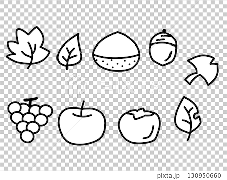 秋の素材10個セット 食べ物 落ち葉 アイコン 白黒 シンプルイラスト 秋の素材10個セット 食べ物 落ち葉 アイコン 白黒 シンプルイラスト 130950660