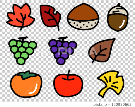 一套 10 件秋季物品：食物、落葉、圖標、簡單插圖 130950662