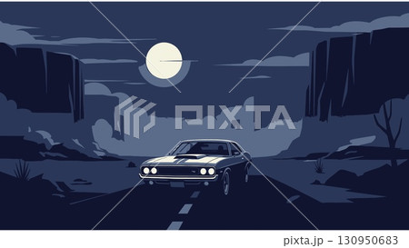 Classic Muscle Car on Desert Night Drive 130950683