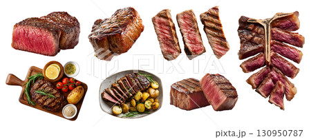 Set of beef steak meat, tomahawk T-bone sirloin Wagyu tenderloin ribeye, sliced, barbeque bbq grilled, on serving wooden board, plate isolated on transparent cutout PNG. Mockup template Set of beef steak meat, tomahawk T-bone sirloin Wagyu tenderloin ribeye, sliced, barbeque bbq grilled, on serving wooden board, plate isolated on transparent cutout PNG. Mockup template 130950787