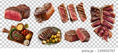 Set of beef steak meat, tomahawk T-bone sirloin Wagyu tenderloin ribeye, sliced, barbeque bbq grilled, on serving wooden board, plate isolated on transparent cutout PNG. Mockup template Set of beef steak meat, tomahawk T-bone sirloin Wagyu tenderloin ribeye, sliced, barbeque bbq grilled, on serving wooden board, plate isolated on transparent cutout PNG. Mockup template 130950787