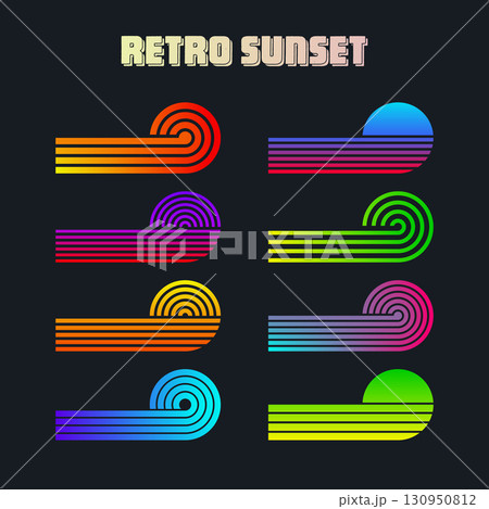 Vintage colorful sunset. Various gradient striped sunrise badges in 80s and 90s style. Sun and ocean view, summer vibes, surfing. Design element for print, logo or t-shirt. Vector illustration Vintage colorful sunset. Various gradient striped sunrise badges in 80s and 90s style. Sun and ocean view, summer vibes, surfing. Design element for print, logo or t-shirt. Vector illustration 130950812