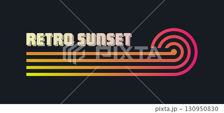 Vintage colorful sunset. Various gradient striped sunrise badges in 80s and 90s style. Sun and ocean view, summer vibes, surfing. Design element for print, logo or t-shirt. Vector illustration 130950830