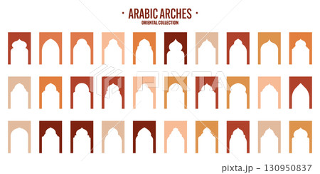 Islamic frames, oriental style objects. Arabic shapes, windows and arches. Traditional ornamental banner, frame. Muslim holidays, Ramadan Kareem. Modern eastern architecture. Vector illustration 130950837