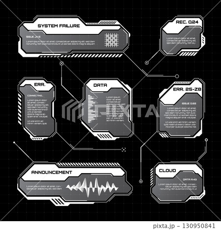 White futuristic HUD, UI elements. Sci-fi user interface text boxes, callouts. Warning message frames, information boxes template. Modern game interface layout in digital style. Vector illustration 130950841