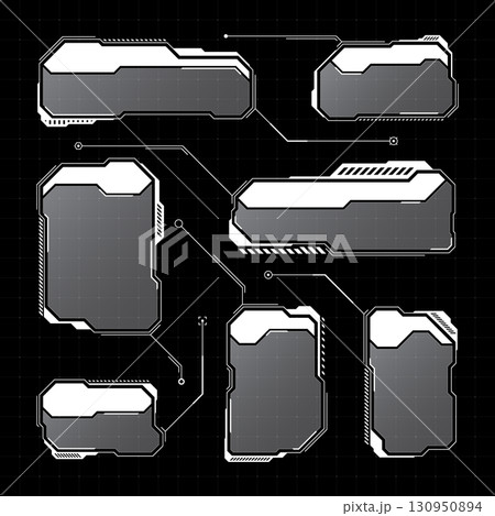 White futuristic HUD, UI elements. Sci-fi user interface text boxes, callouts. Warning message frames, information boxes template. Modern game interface layout in digital style. Vector illustration White futuristic HUD, UI elements. Sci-fi user interface text boxes, callouts. Warning message frames, information boxes template. Modern game interface layout in digital style. Vector illustration 130950894