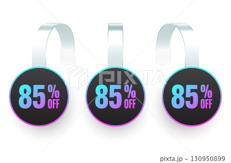 Supermarket promotional wobblers. Realistic white wobbler template for shelf advertising, 85 percent off discount. Sale label with ad text. Special offer price tag. Vector illustration 130950899