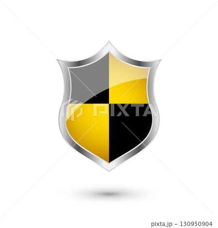 Glossy shield with yellow and black pattern. Security and protection concept. Cyber safety icons, internet privacy, web defense, digital data protection and antivirus themes. Vector illustration 130950904
